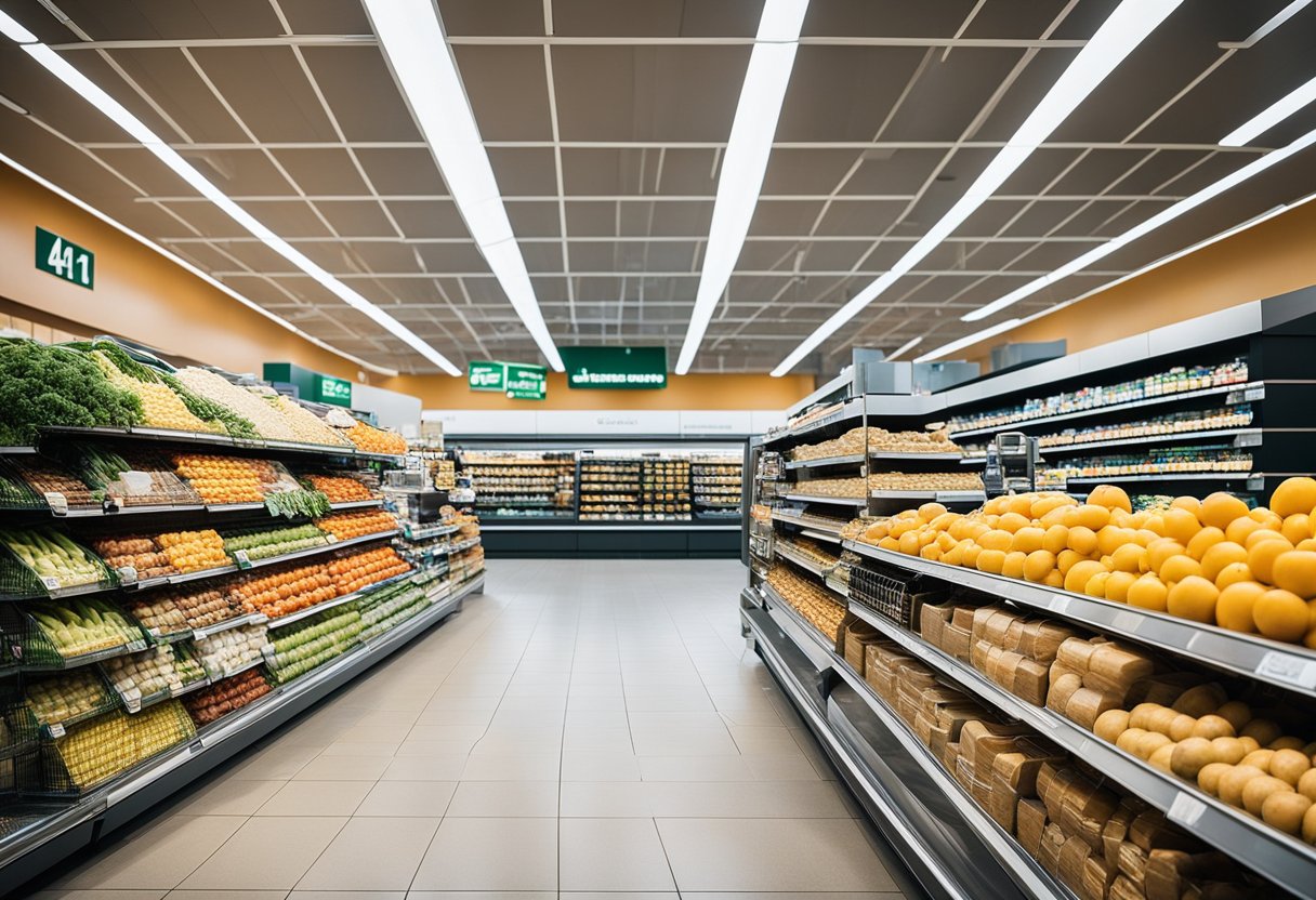 The supermarket interior features seamless technological integration and modern materials, with sleek architecture and clean lines