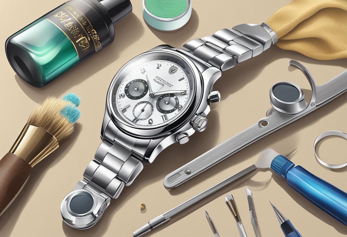 A watch lying on a soft cloth, surrounded by a small brush, polishing cloth, and a bottle of watch cleaner. A magnifying glass and a small screwdriver are also nearby