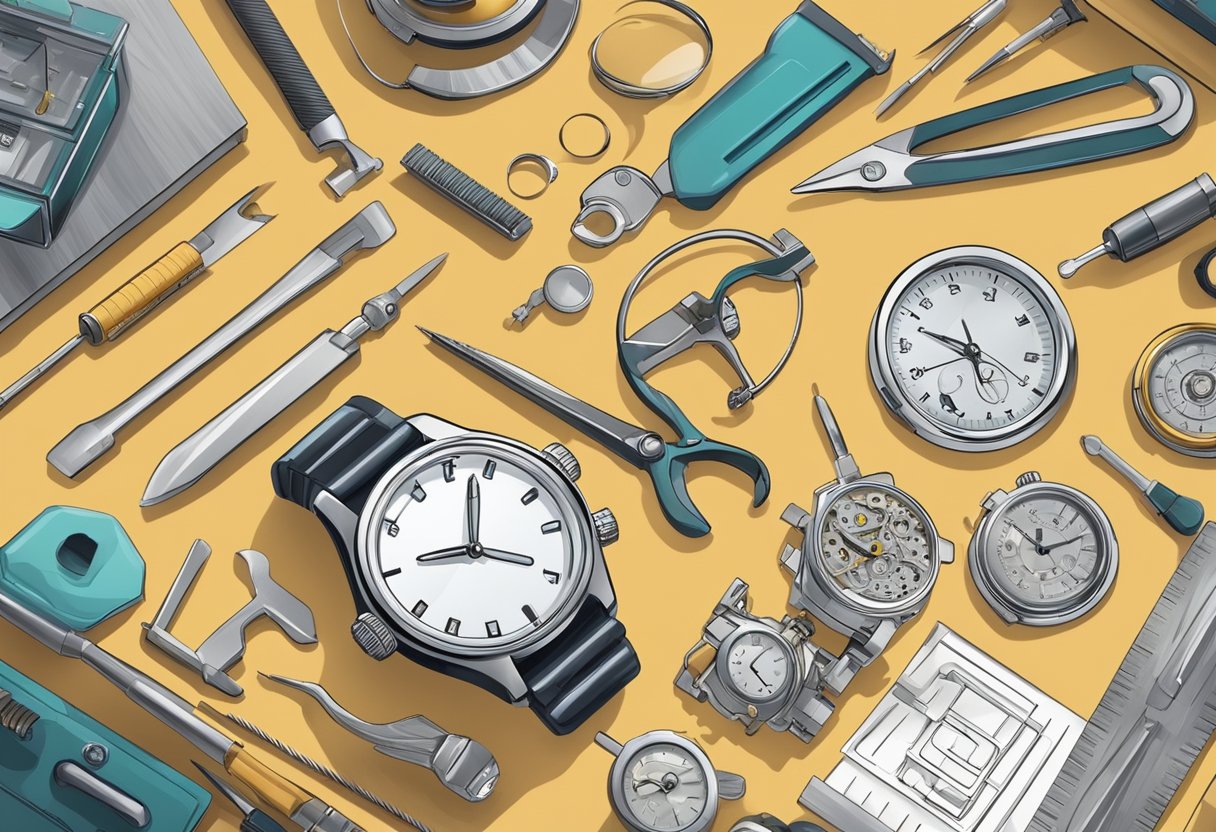 A watch being carefully cleaned and serviced by a professional with various tools and equipment laid out on a clean, organized workbench