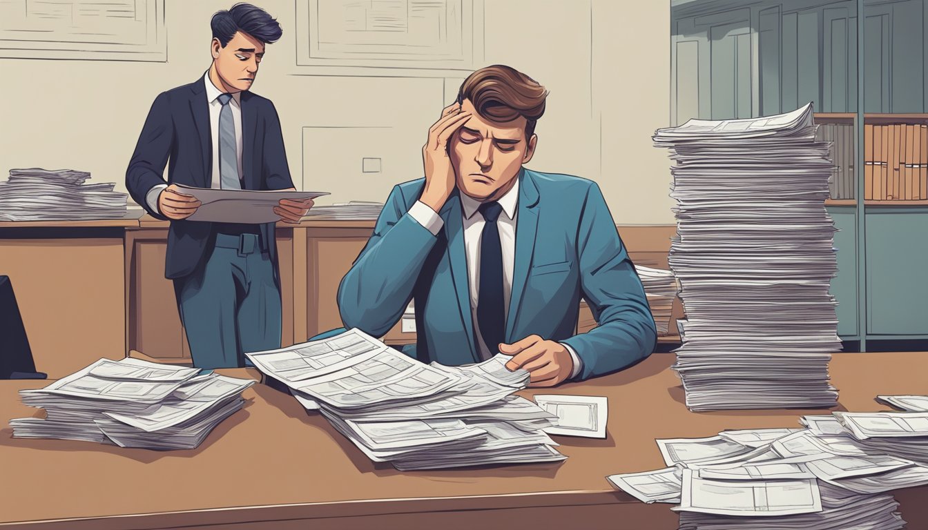 A person with a worried expression looks at a stack of unpaid bills, while a bank officer shakes their head in refusal
