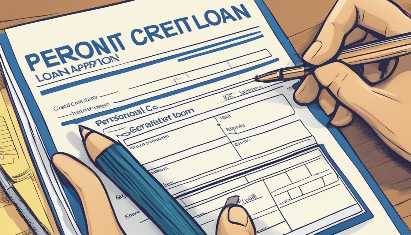 A person confidently fills out a loan application form, with a determined expression. The form is labeled "Bad Credit Personal Loan" with a "guaranteed" stamp