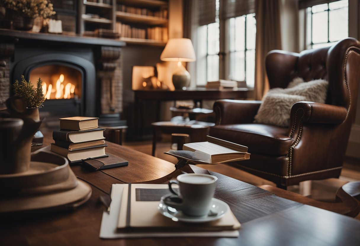 A cozy, classic interior with a vintage desk, a stack of books, and a comfortable armchair in front of a fireplace