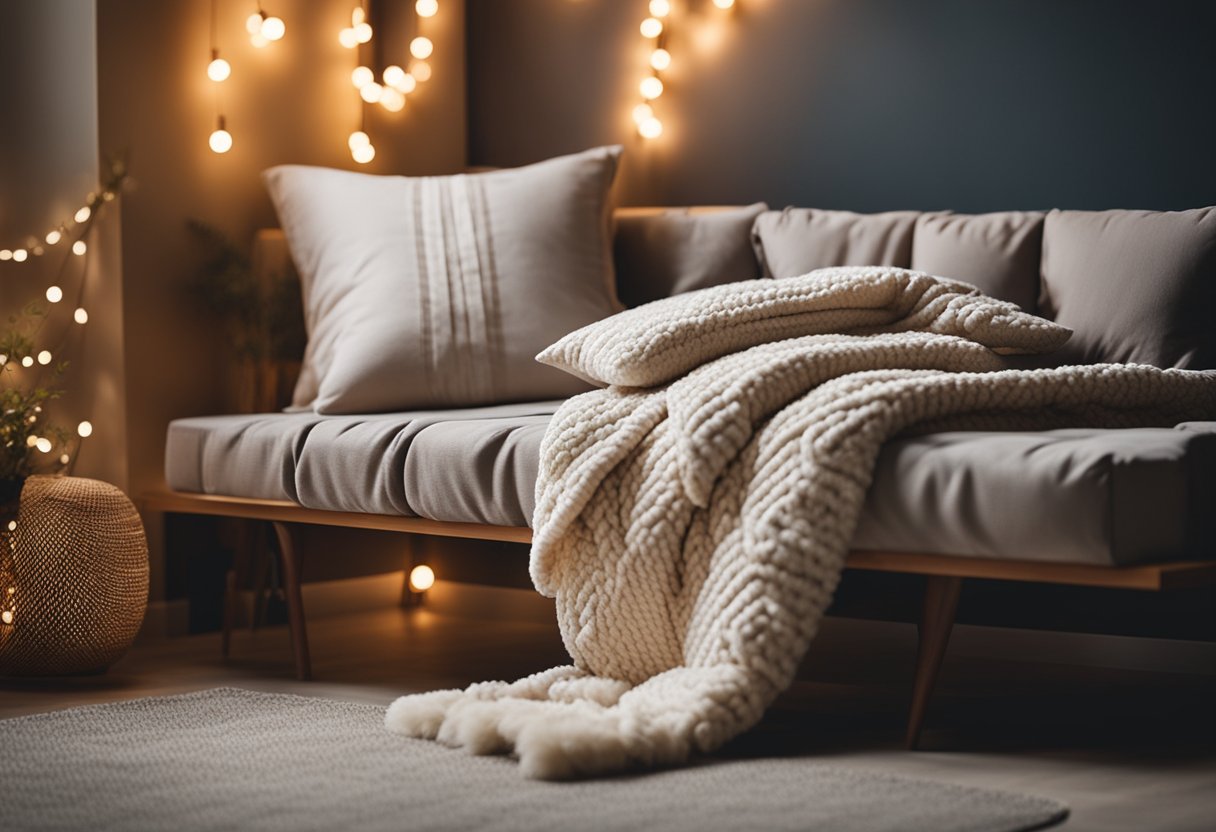 A cozy futon with fluffy pillows and a soft throw blanket, surrounded by warm lighting and decorative accents