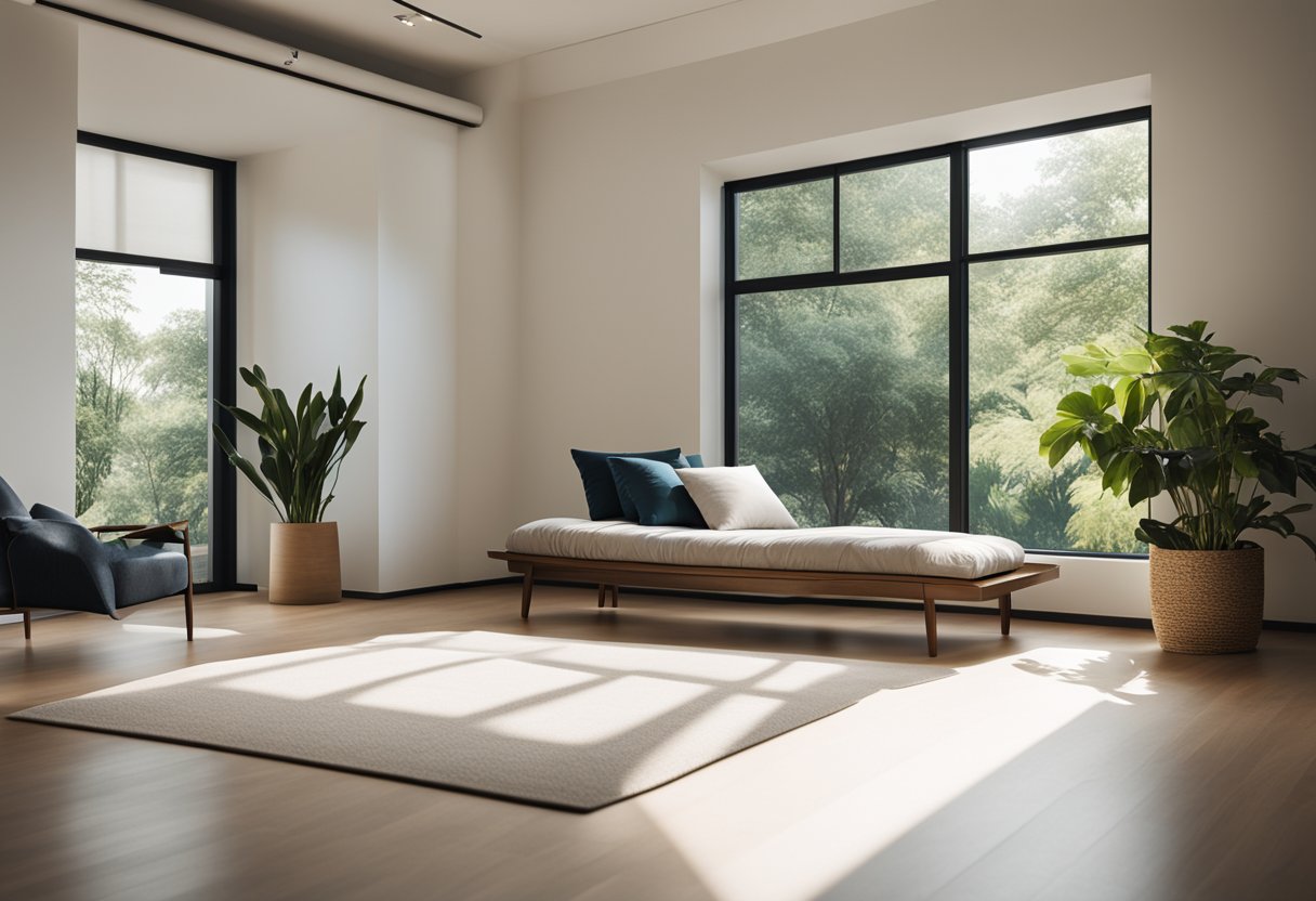 A well-lit room with a neatly made futon as the focal point. Minimalist decor and natural lighting create a serene atmosphere