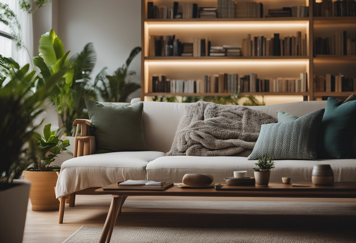 A cozy living room with a low futon, soft blankets, and warm lighting. A bookshelf filled with books and plants in the background