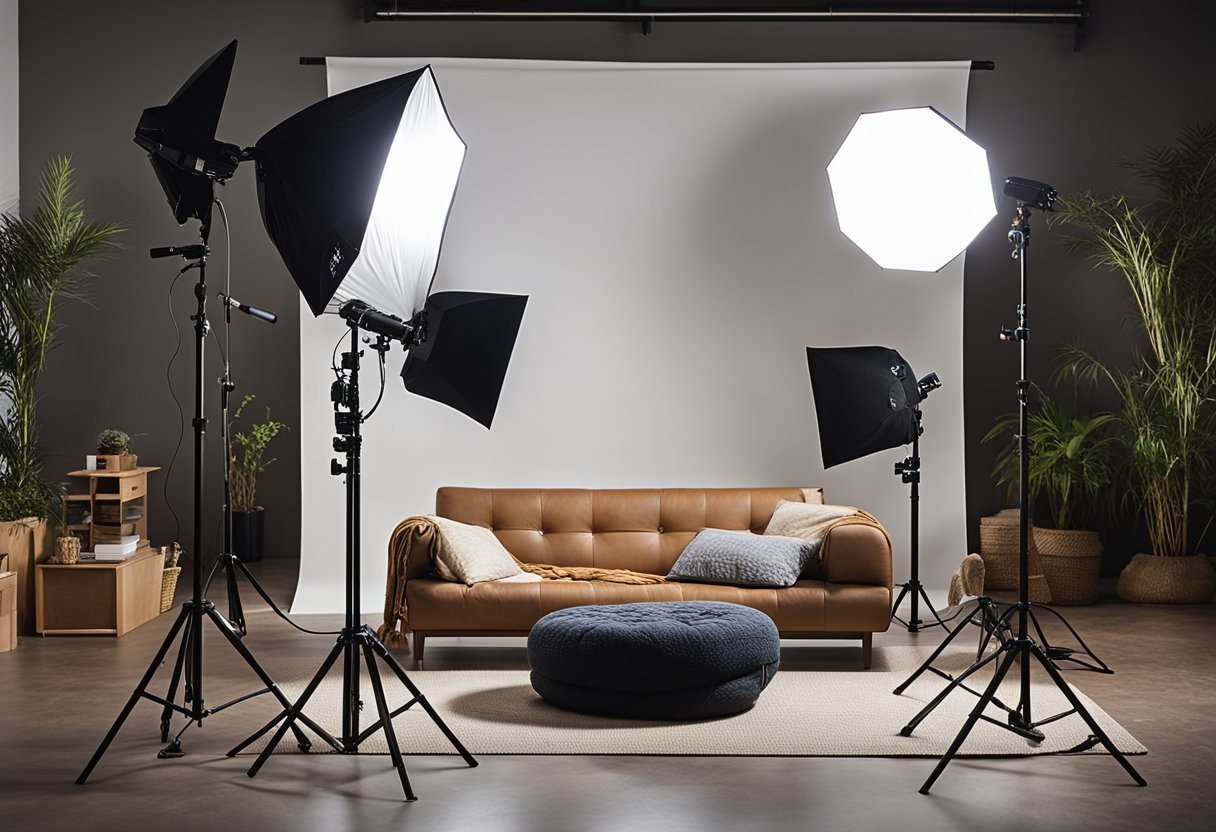 A well-lit studio setup with a futon as the focal point, surrounded by various photography and styling equipment