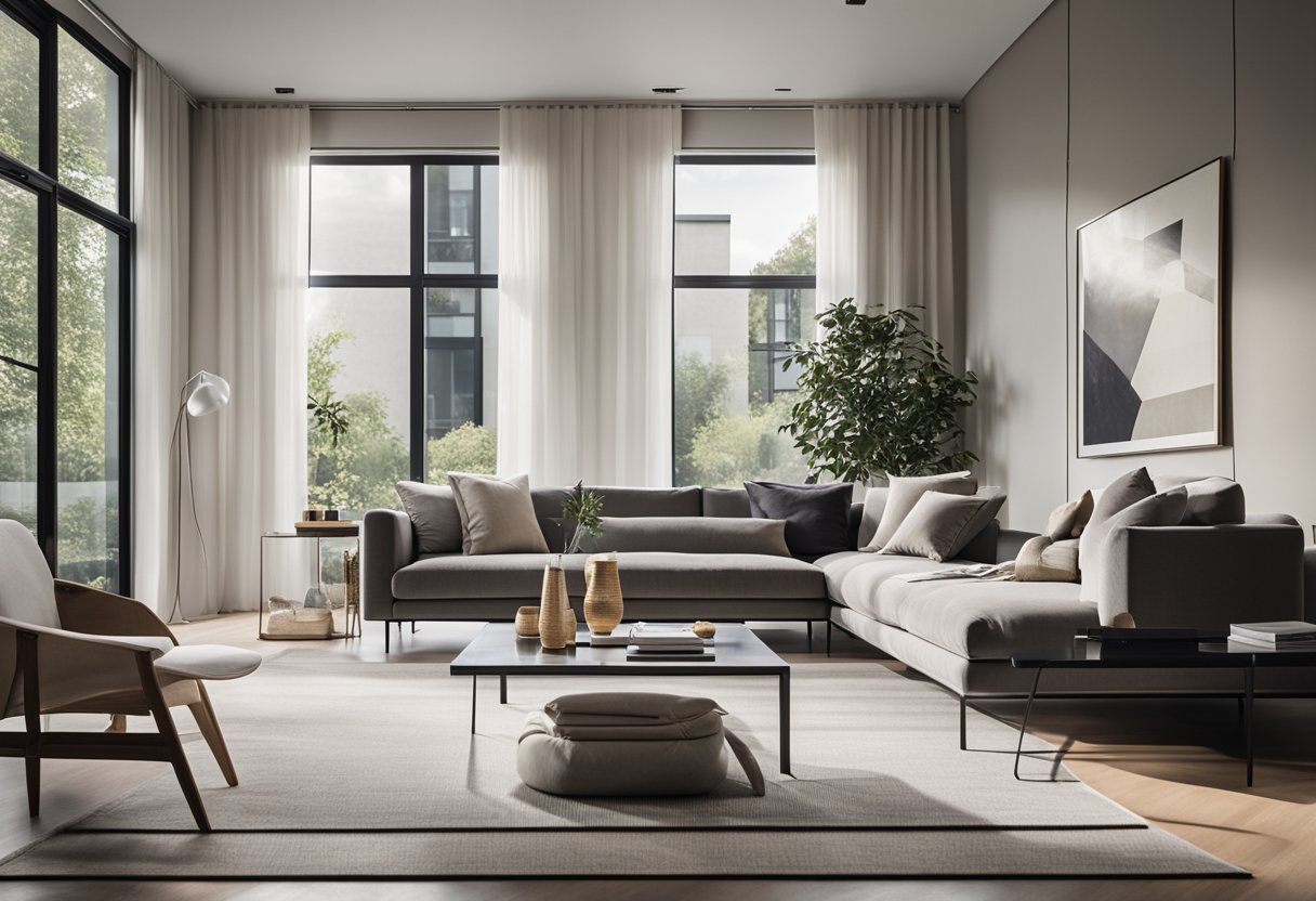 A modern living room with sleek furniture, clean lines, and neutral colors. Large windows allow natural light to fill the space, highlighting the minimalist design