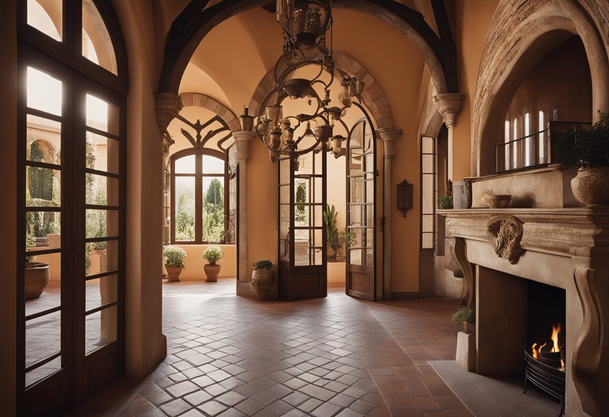 An Italian villa interior with rustic wooden beams, terracotta tiles, and arched doorways. A grand fireplace and wrought iron chandeliers add to the old-world charm