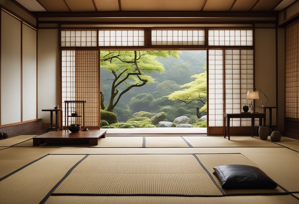 A minimalist Japanese Zen interior with tatami mats, shoji screens, low furniture, and natural elements like bamboo, stone, and wood