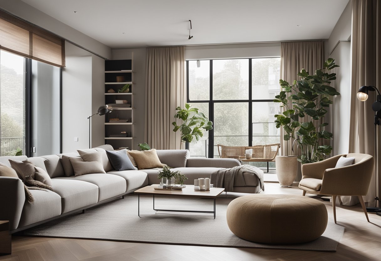 A sleek, minimalist living room with clean lines, neutral colors, and natural materials. A large, open space with ample natural light and carefully curated furniture and decor