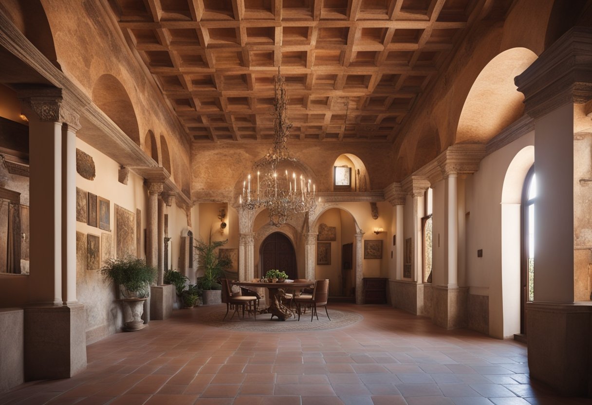 The Italian villa interior features rustic stone walls, terracotta tile floors, ornate wrought iron fixtures, and elegant fresco paintings