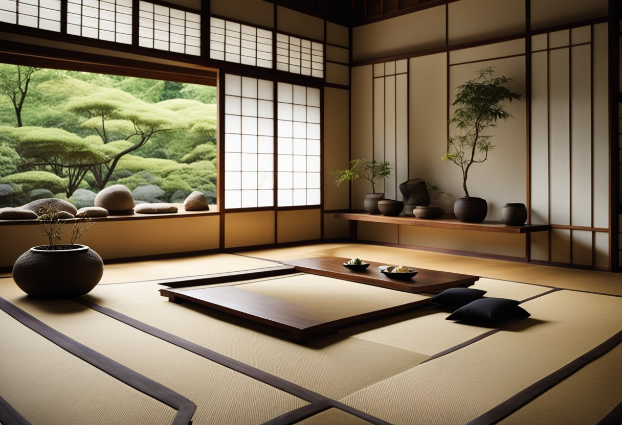 A tranquil Japanese Zen interior with minimal furniture, natural materials, and a harmonious balance of light and shadow