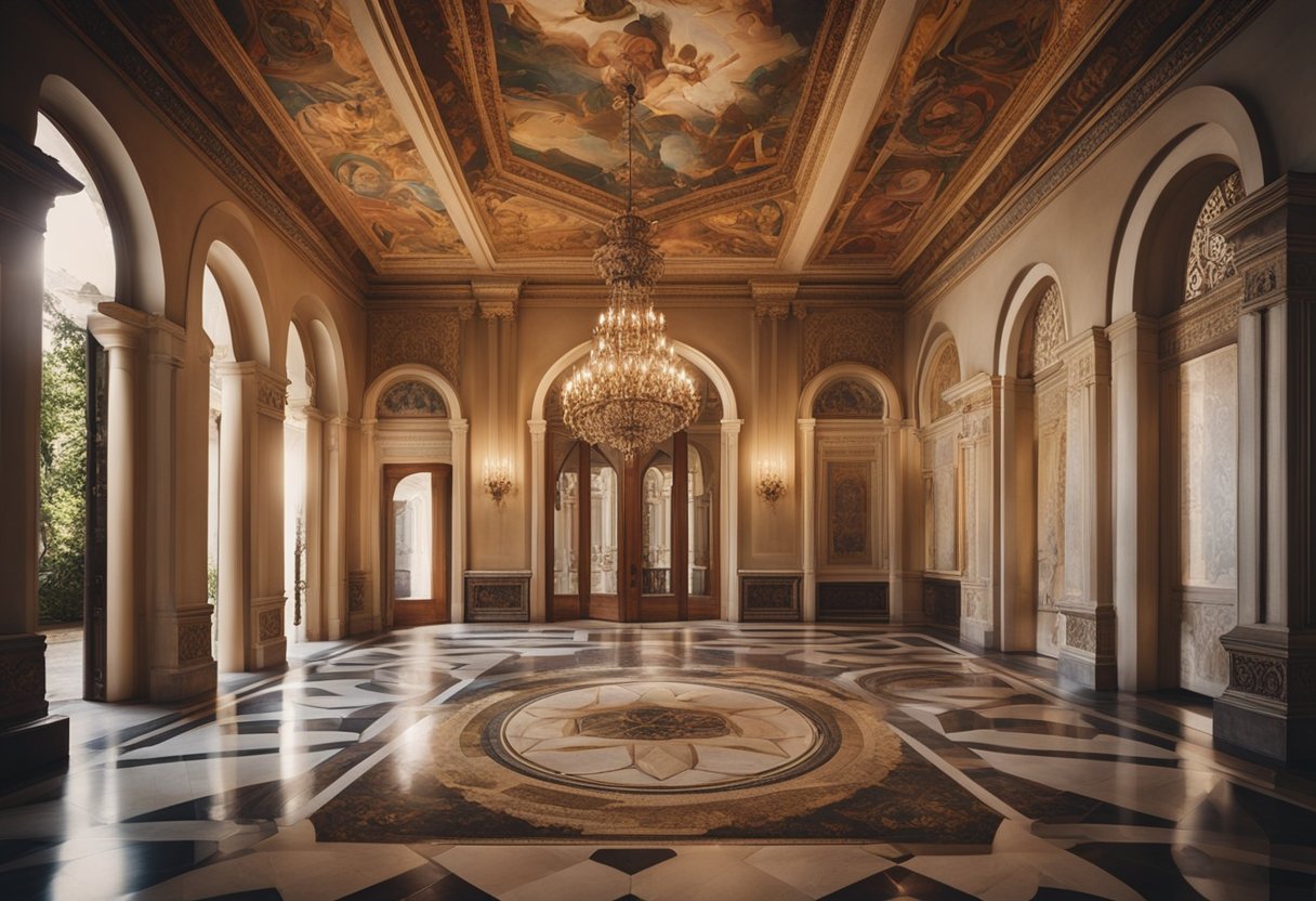 A grand Italian villa interior with ornate furniture, frescoed ceilings, marble floors, and arched doorways. Rich colors, intricate patterns, and luxurious fabrics adorn the space