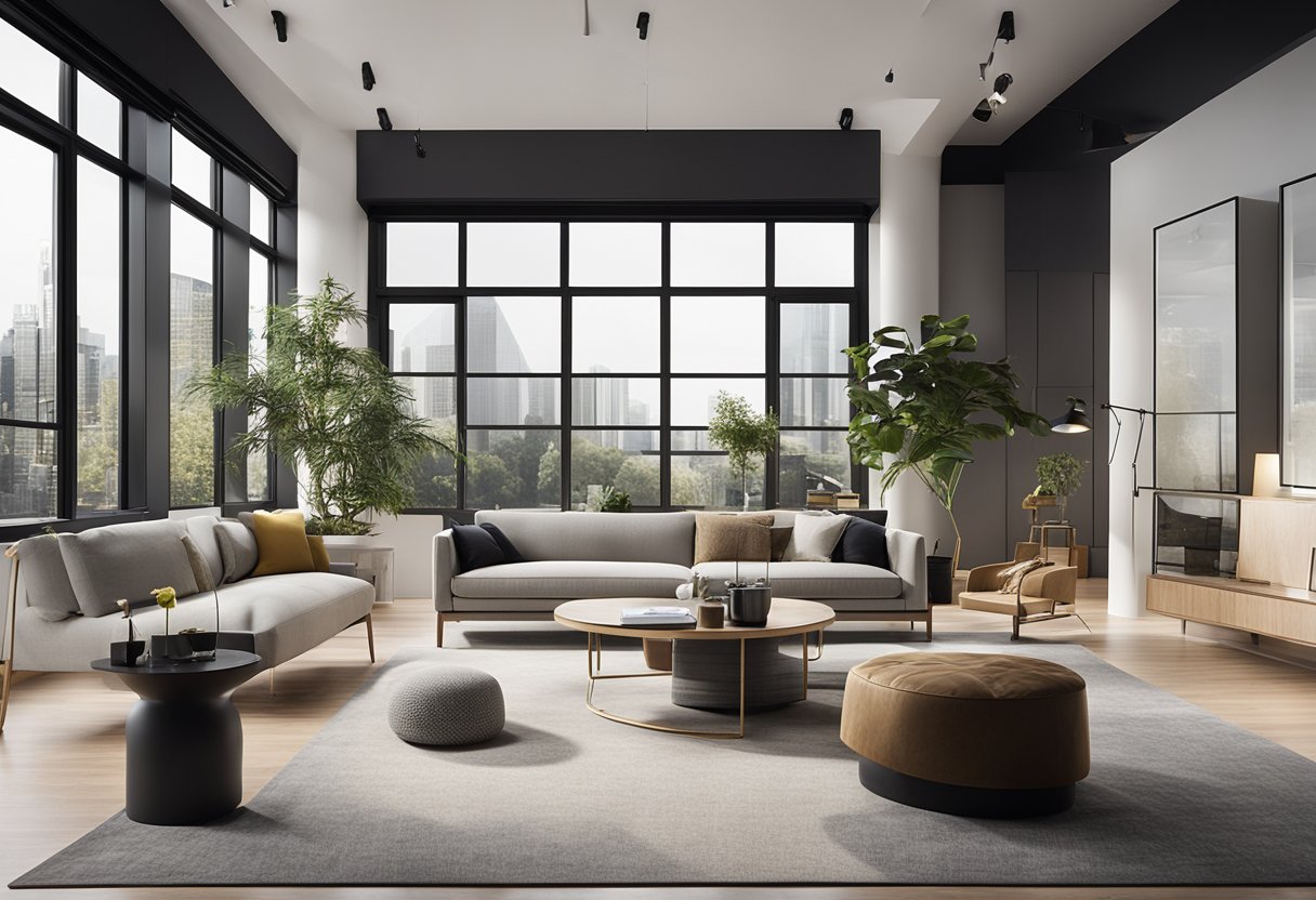 The interior design studio is filled with sleek, modern furniture and elegant decor. A large window allows natural light to fill the room, illuminating the clean lines and minimalist aesthetic