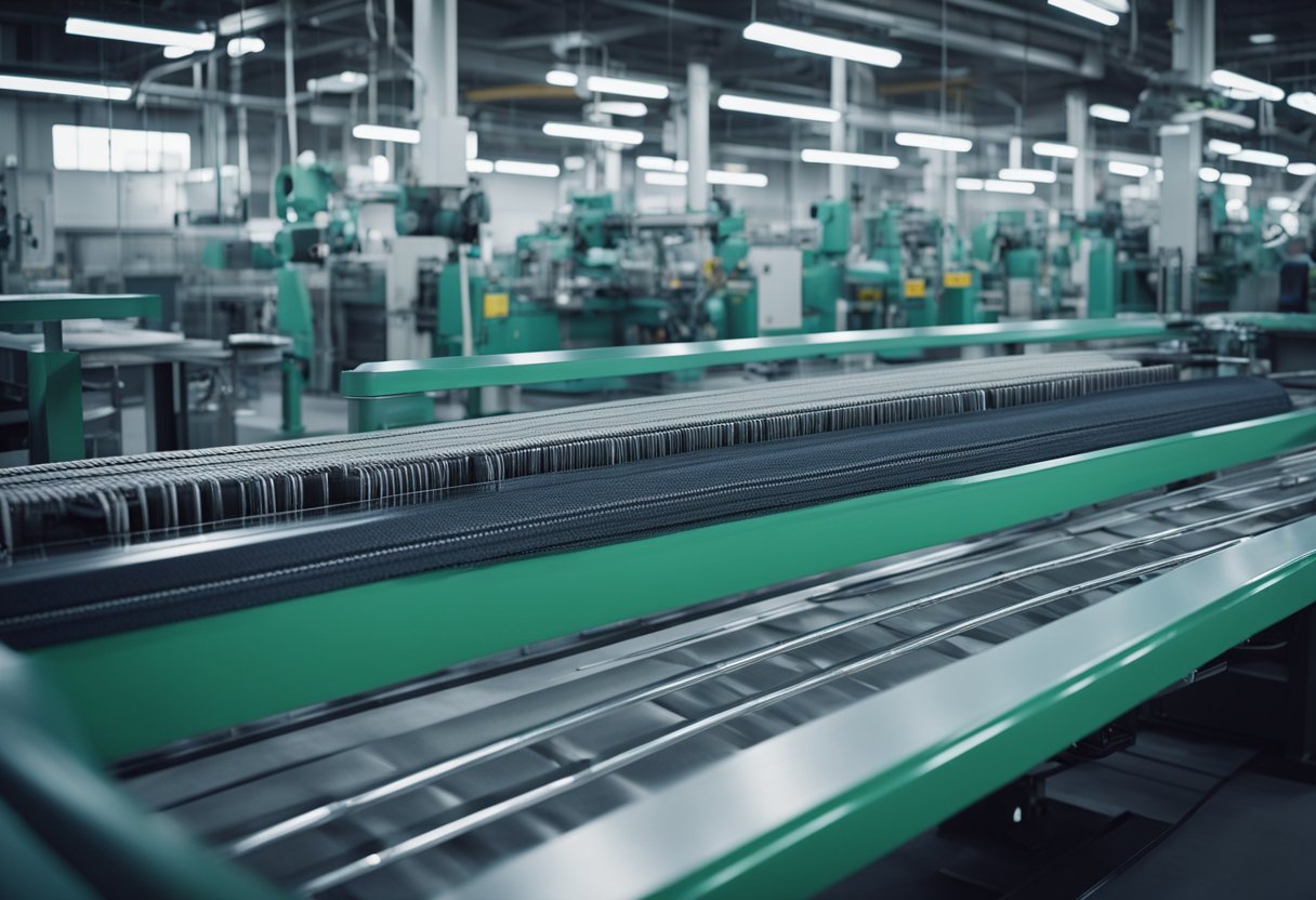 The factory floor buzzes with automated futon manufacturing equipment and supplies. Conveyor belts transport materials while machines cut and stitch fabric