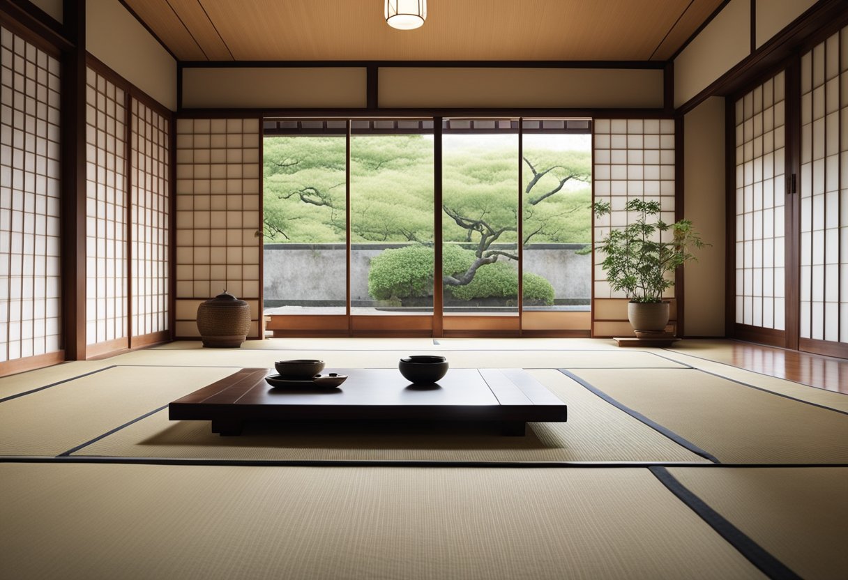 A minimalistic Japanese Zen interior with low furniture, natural materials, and clean lines. A tatami mat floor, shoji screens, and a simple, uncluttered design