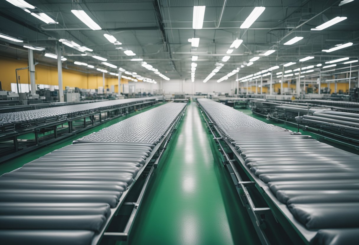 A factory floor with rows of futon manufacturing equipment and supplies neatly organized and ready for use
