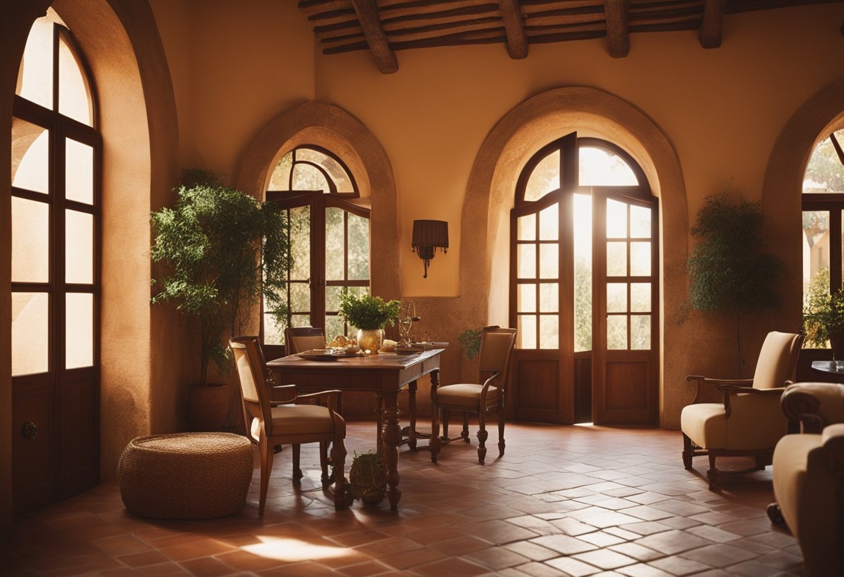 An Italian villa interior with rustic furniture, terracotta tiles, and arched doorways. Warm sunlight filters through the windows, casting a golden glow on the traditional decor