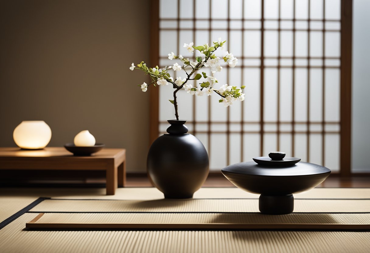 A serene Japanese zen interior: minimalistic decor, tatami flooring, sliding shoji screens, and a focal point of a carefully arranged ikebana flower arrangement