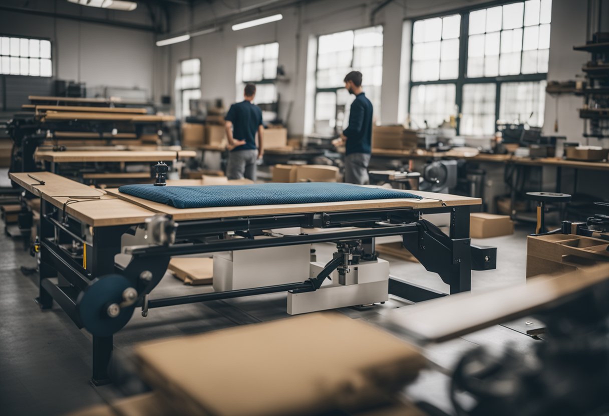 A workshop filled with futon manufacturing equipment and supplies, with designers prototyping new futon designs