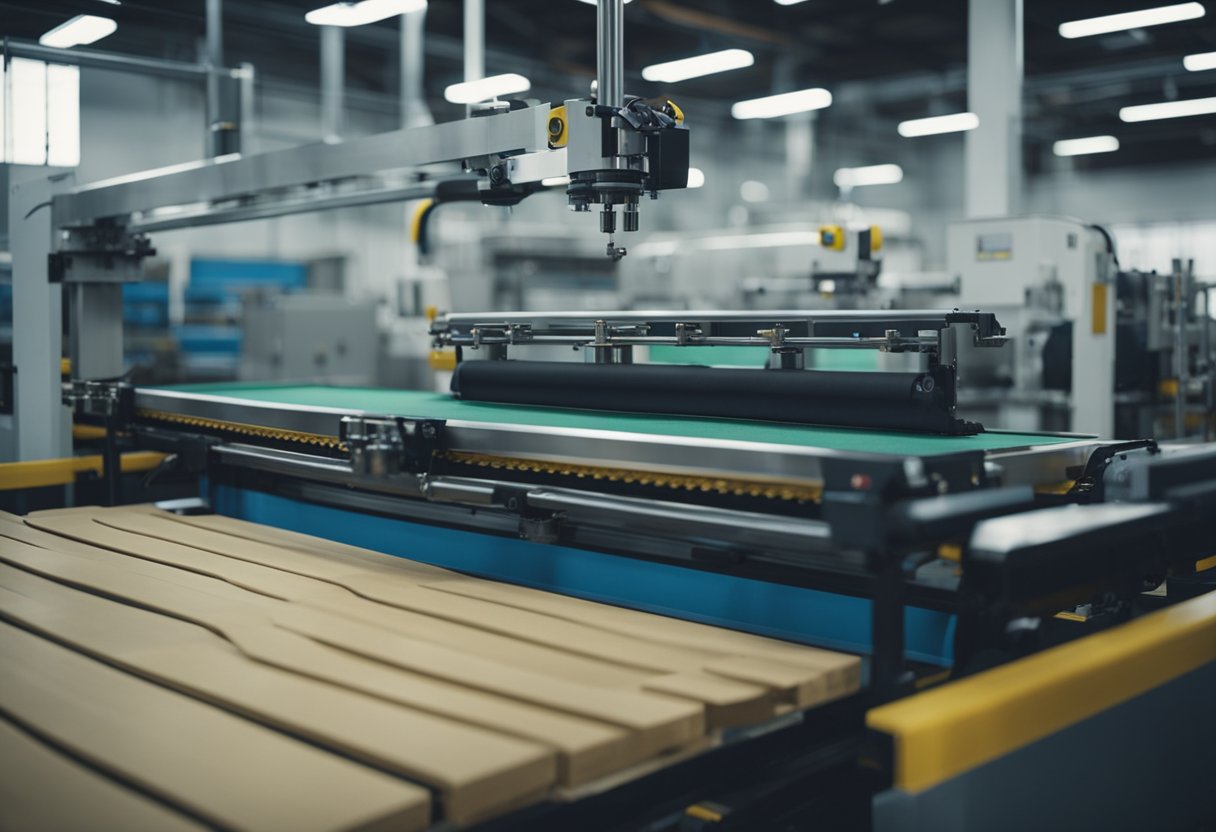 A conveyor belt carries raw materials to automated cutting and sewing machines, while robotic arms stack finished futons onto pallets for shipping