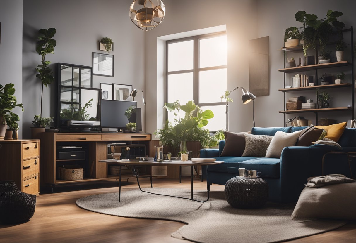 A cluttered room with mismatched furniture and outdated decor transforms into a modern, sleek space with coordinated furnishings and stylish accents