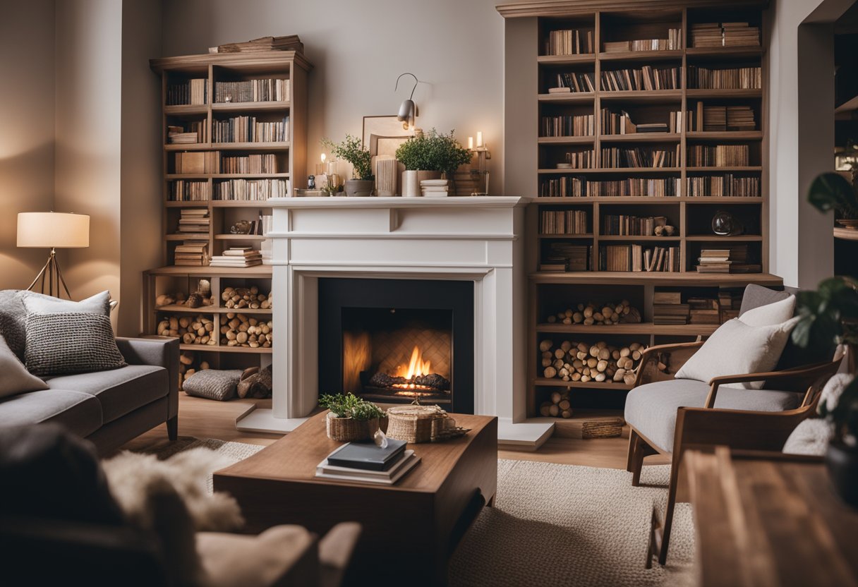 A cozy living room with a large, plush sofa, a warm fireplace, and soft, ambient lighting. A bookshelf filled with books and decorative items adds character to the space