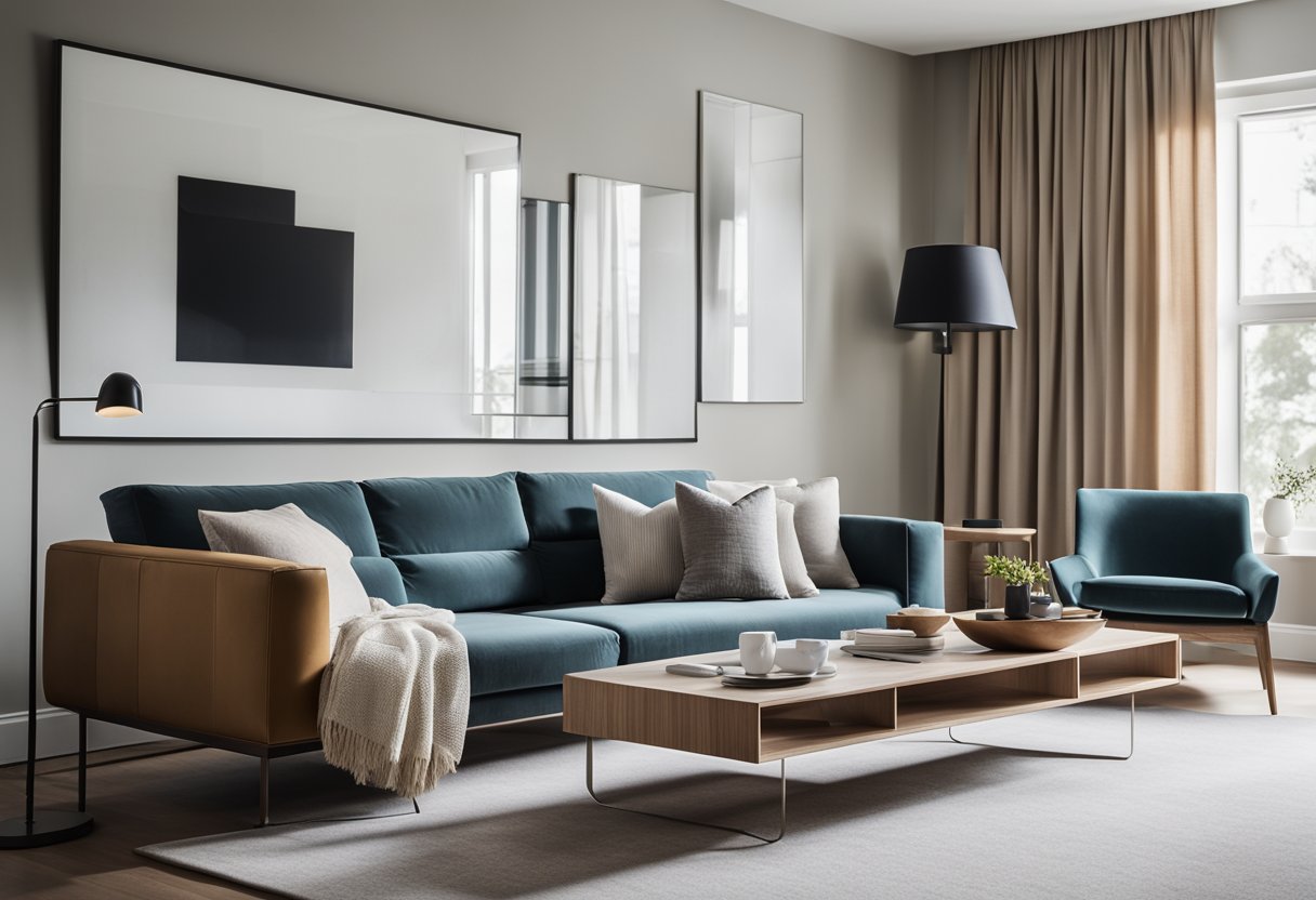 A modern living room with a minimalist color palette, sleek furniture, and a statement wall art piece. Large windows let in natural light, creating a bright and airy atmosphere