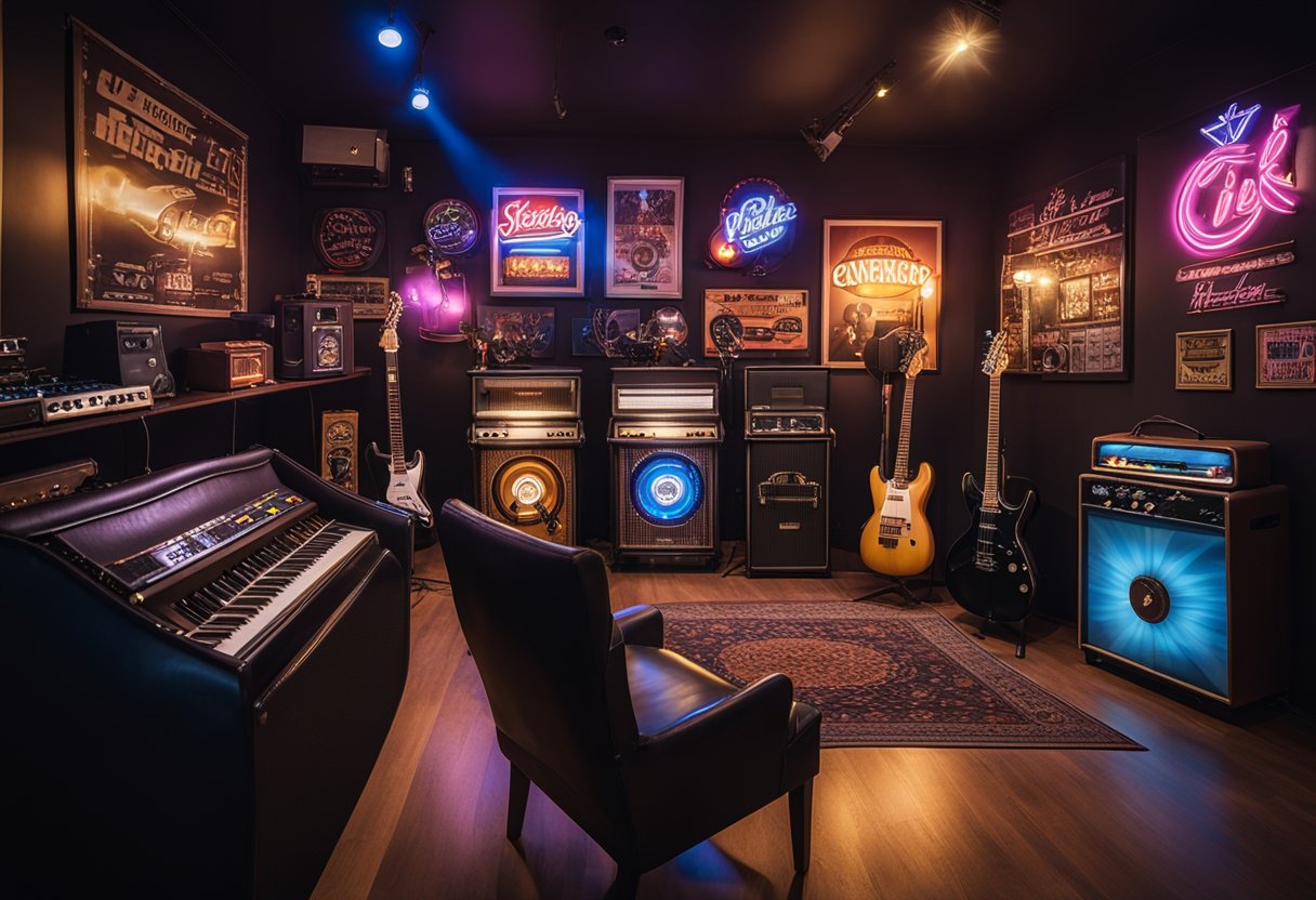 The room features a black leather sofa, a vintage jukebox, neon signs, and framed concert posters. The walls are adorned with electric guitars and vinyl records. A stage is set up in the corner with a drum set and amplifiers