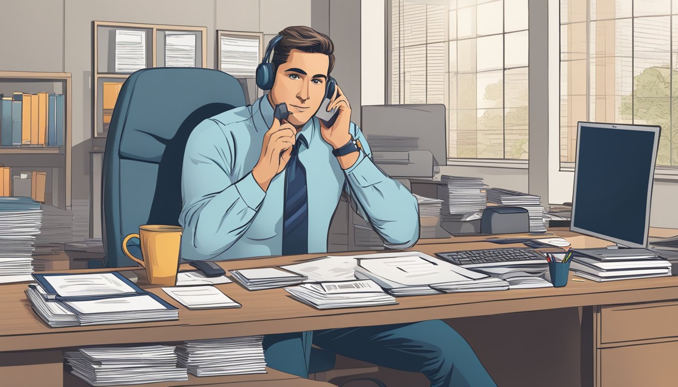 A personal loan broker sits at a desk, surrounded by paperwork and a computer. They are on the phone, speaking with a client and taking notes. The office is organized and professional, with a sign displaying the broker's name and contact information