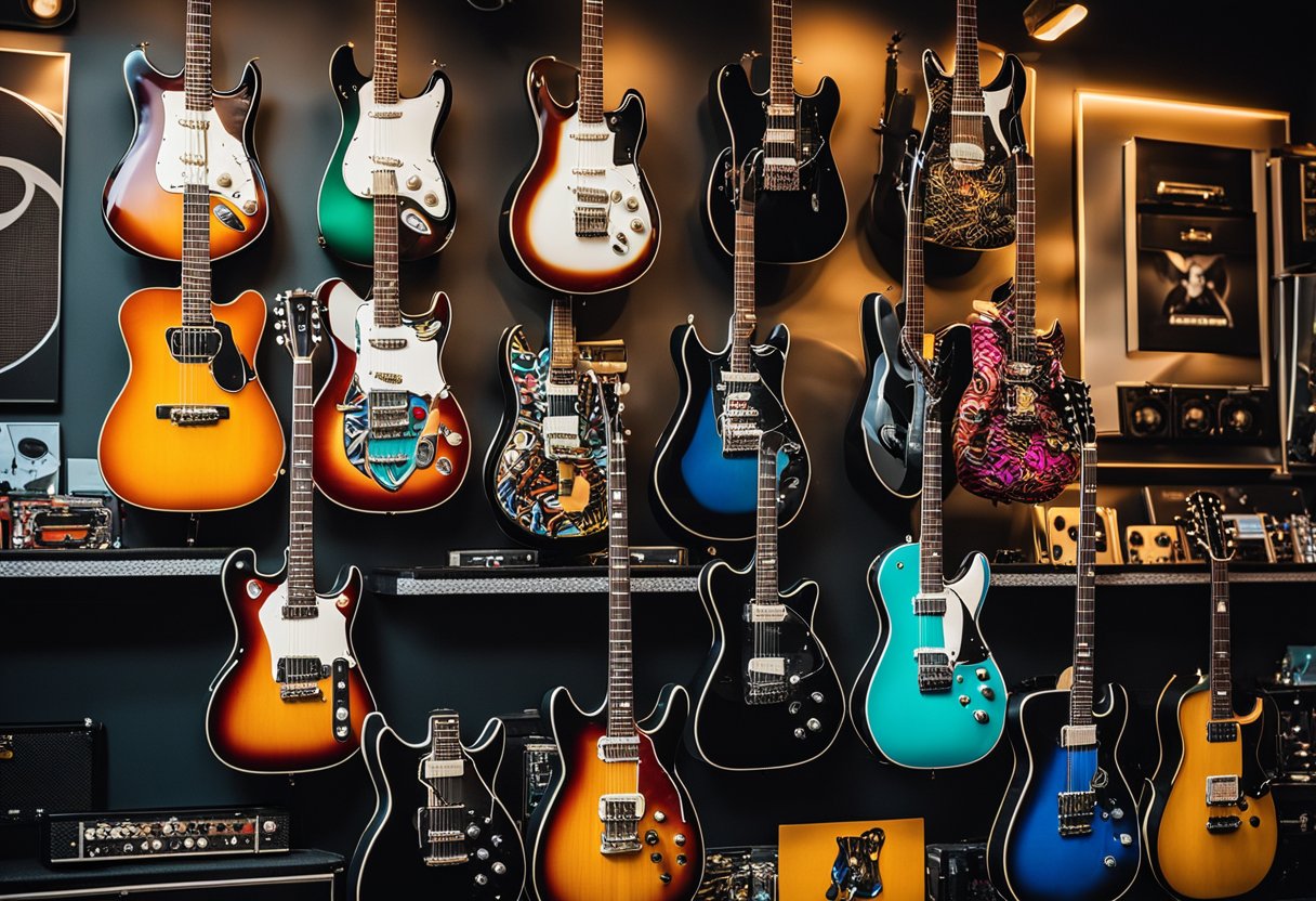 A room with vibrant colors, bold patterns, and rock n roll memorabilia. Guitars on the wall, vinyl records displayed, and neon signs. Bold, edgy, and full of personality
