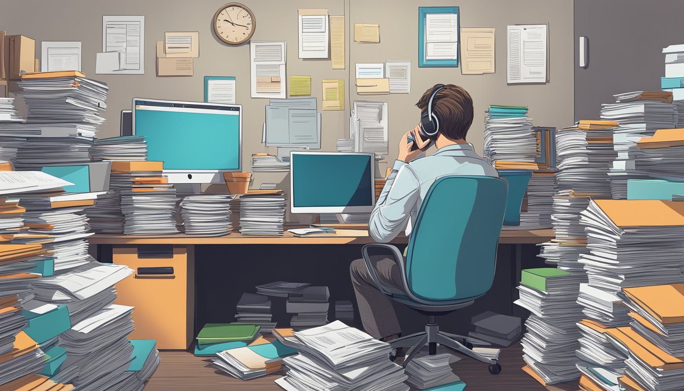A person sitting at a desk with a computer, surrounded by stacks of papers and folders, answering phone calls and emails from customers