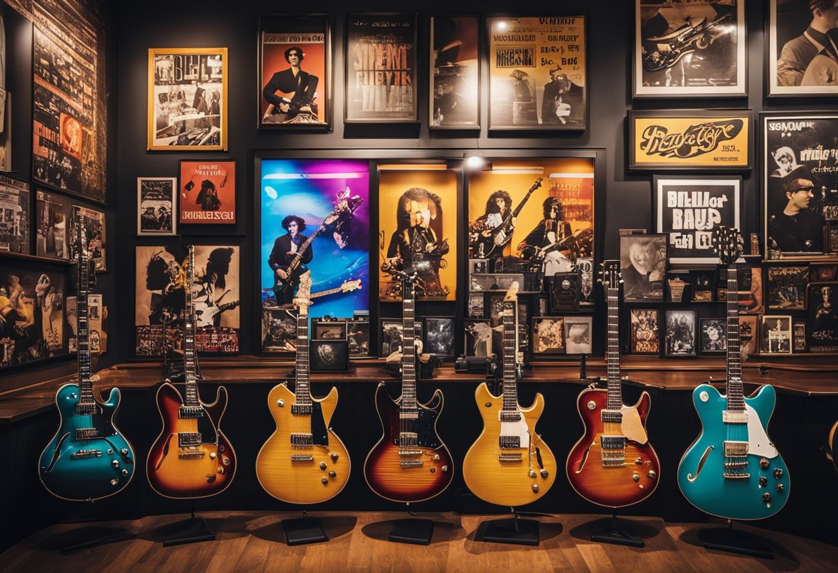 A vibrant rock n roll interior with bold colors, vintage posters, and electric guitars on display. Music memorabilia adorns the walls, creating a lively and edgy atmosphere