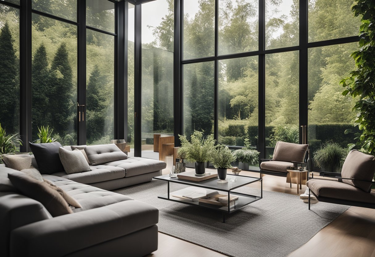 A stylish living room with modern furniture, a cozy fireplace, and large windows overlooking a lush garden