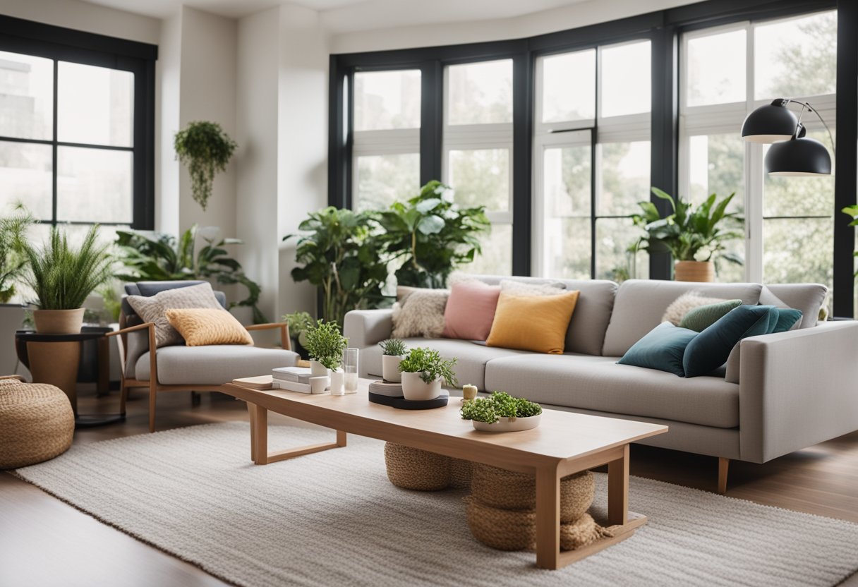 A cozy living room with a stylish sofa, colorful throw pillows, a modern coffee table, and a soft rug. A large window lets in natural light, and potted plants add a touch of greenery