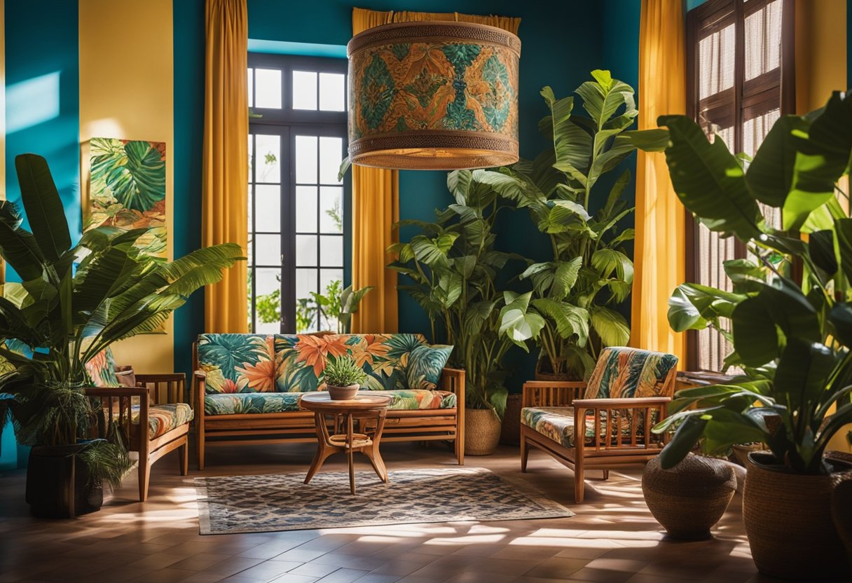 A colorful Cuban-style interior with vibrant wall tiles, ornate wooden furniture, and tropical plants. A ceiling fan spins lazily above, casting patterns of light and shadow