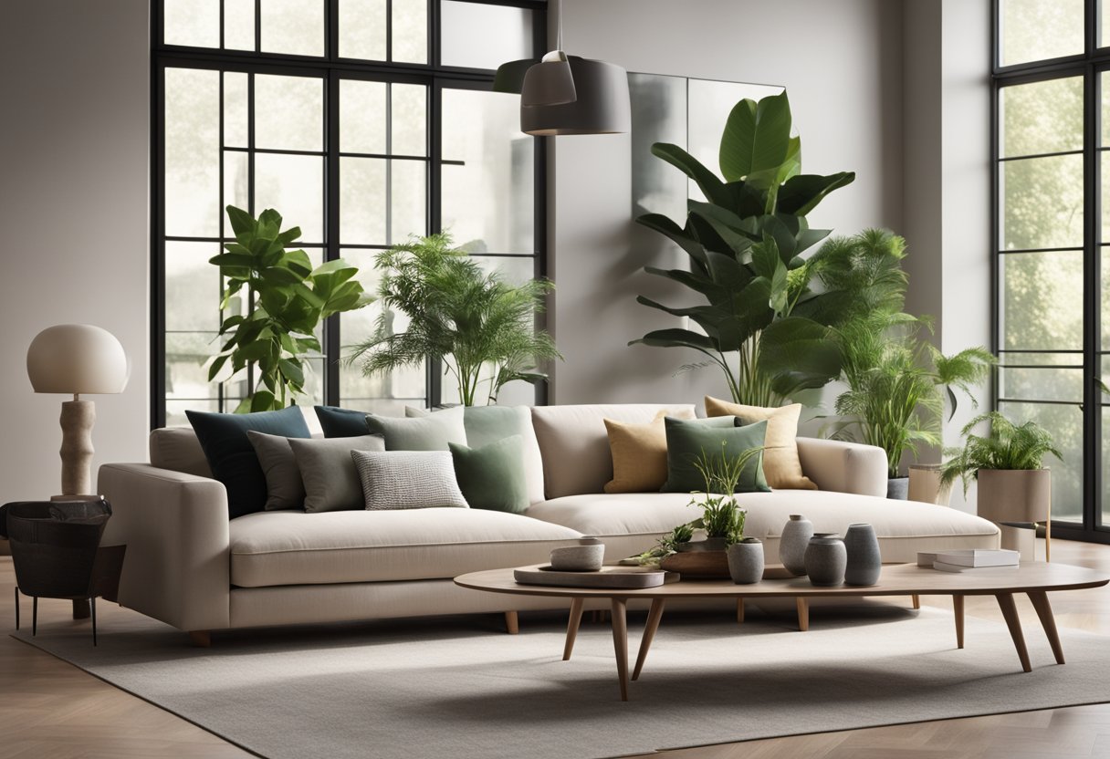 A modern living room with a sleek sofa, coffee table, and abstract art on the walls. Large windows let in natural light, and potted plants add a touch of greenery