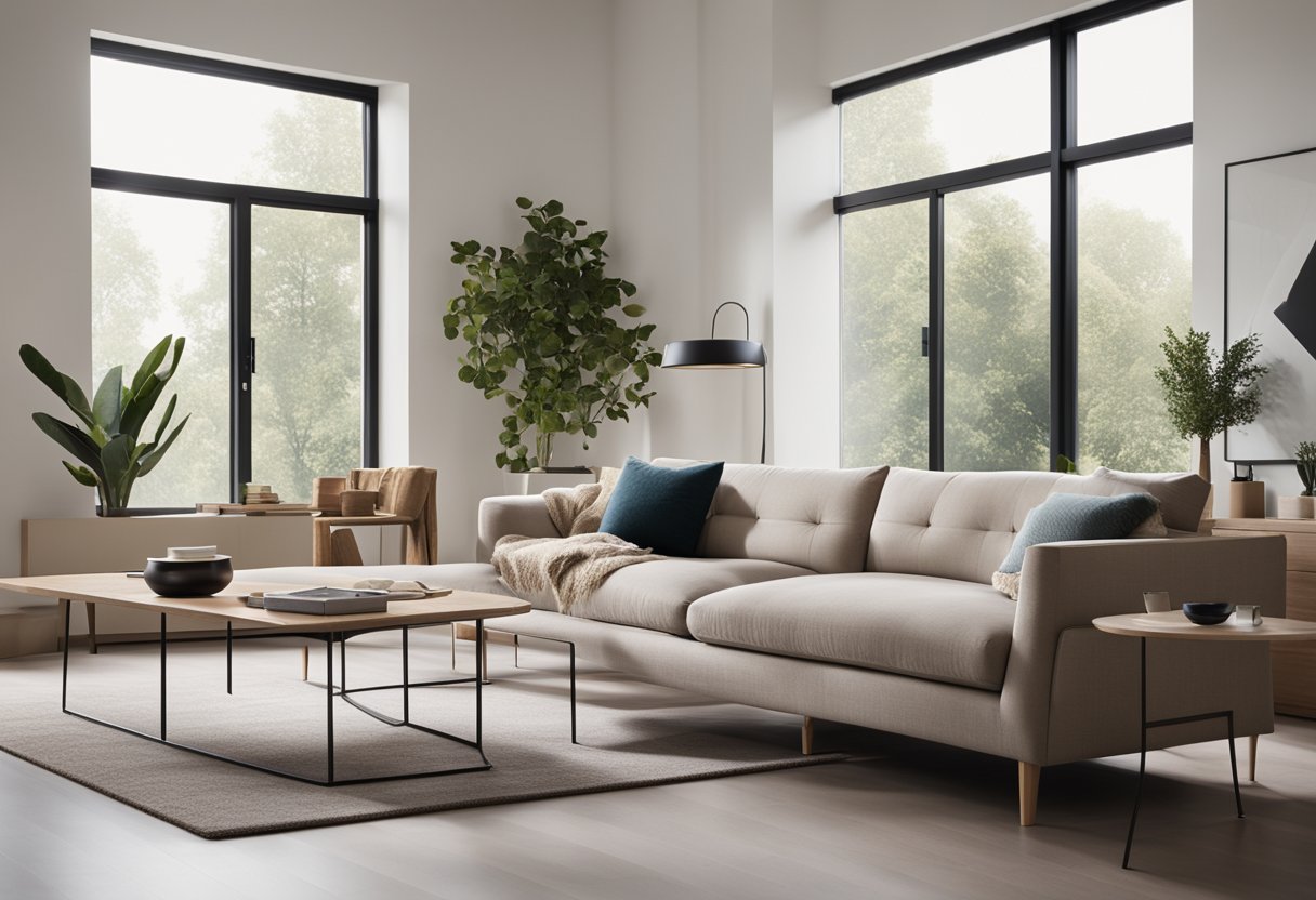 A modern, minimalist living room with sleek furniture, neutral tones, and pops of color. Large windows allow natural light to fill the space, creating a warm and inviting atmosphere