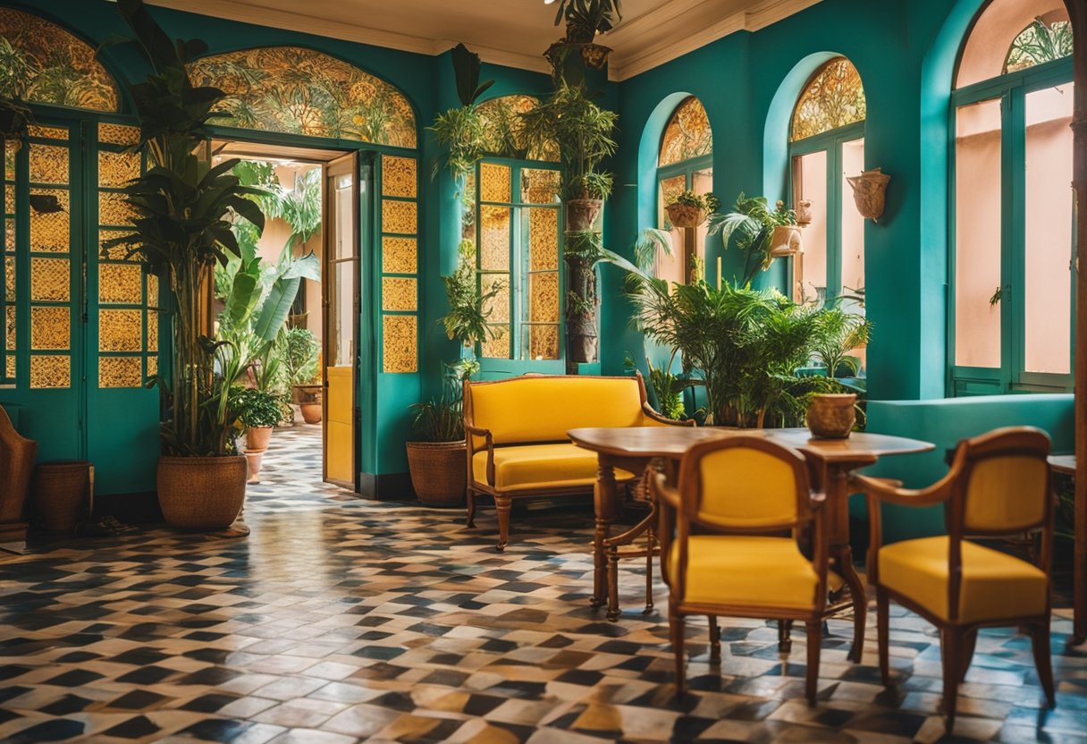A vibrant Cuban-style interior, featuring colorful tiled floors, ornate wooden furniture, and tropical plants, creating a lively and inviting atmosphere