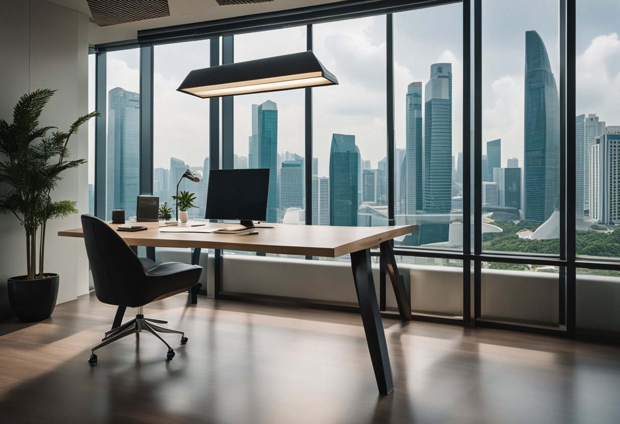 A modern study room in Singapore, with sleek furniture, natural light, and a city skyline view