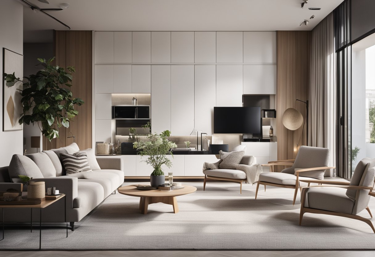 A modern living room with clean lines, neutral colors, and minimalist furniture. Natural light floods the space, highlighting the sleek and functional design elements