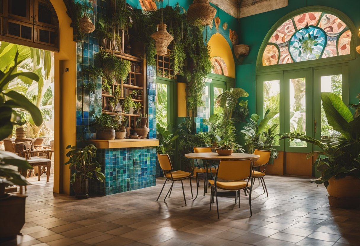 A vibrant Cuban-style interior with colorful tiles, vintage furniture, and tropical plants, creating a lively and inviting atmosphere
