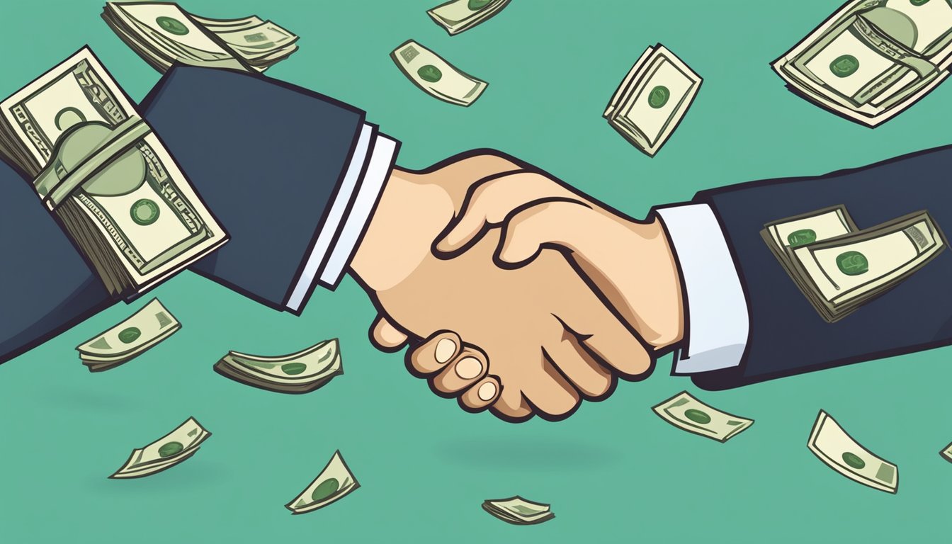 A person receiving money from personal lenders, with a handshake and exchange of cash