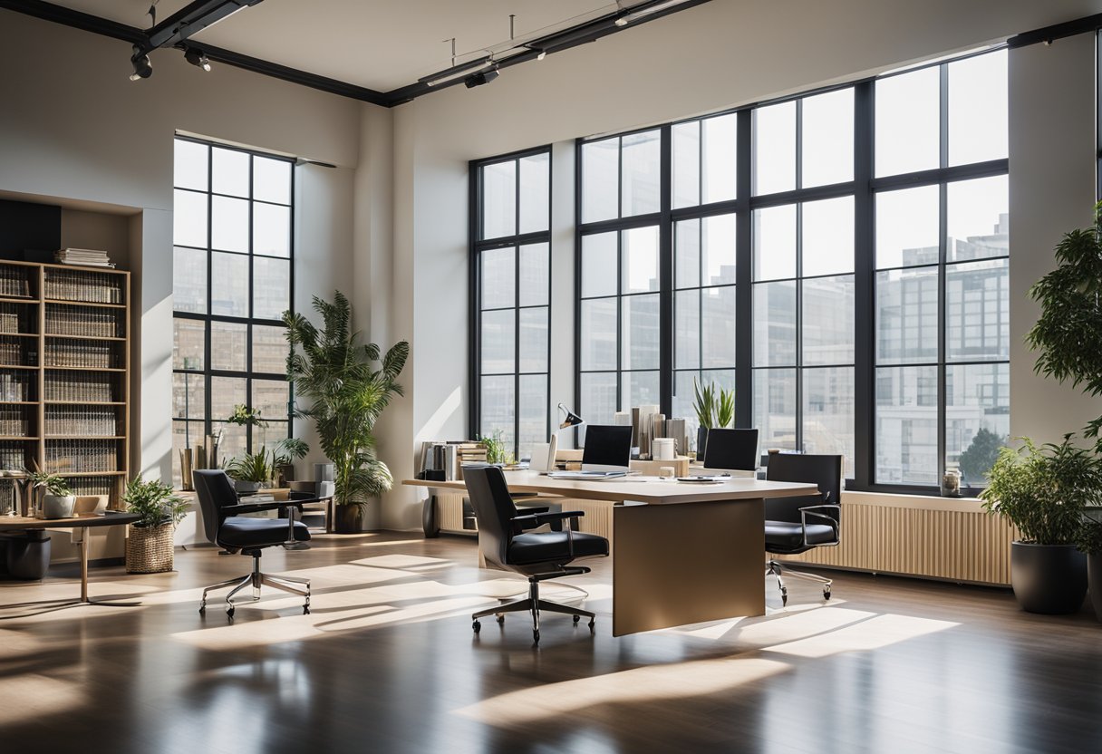 A chic, modern office with a sleek desk, stylish chairs, and a wall display of popular design books. Bright, natural light streams in through large windows, creating a warm and inviting atmosphere