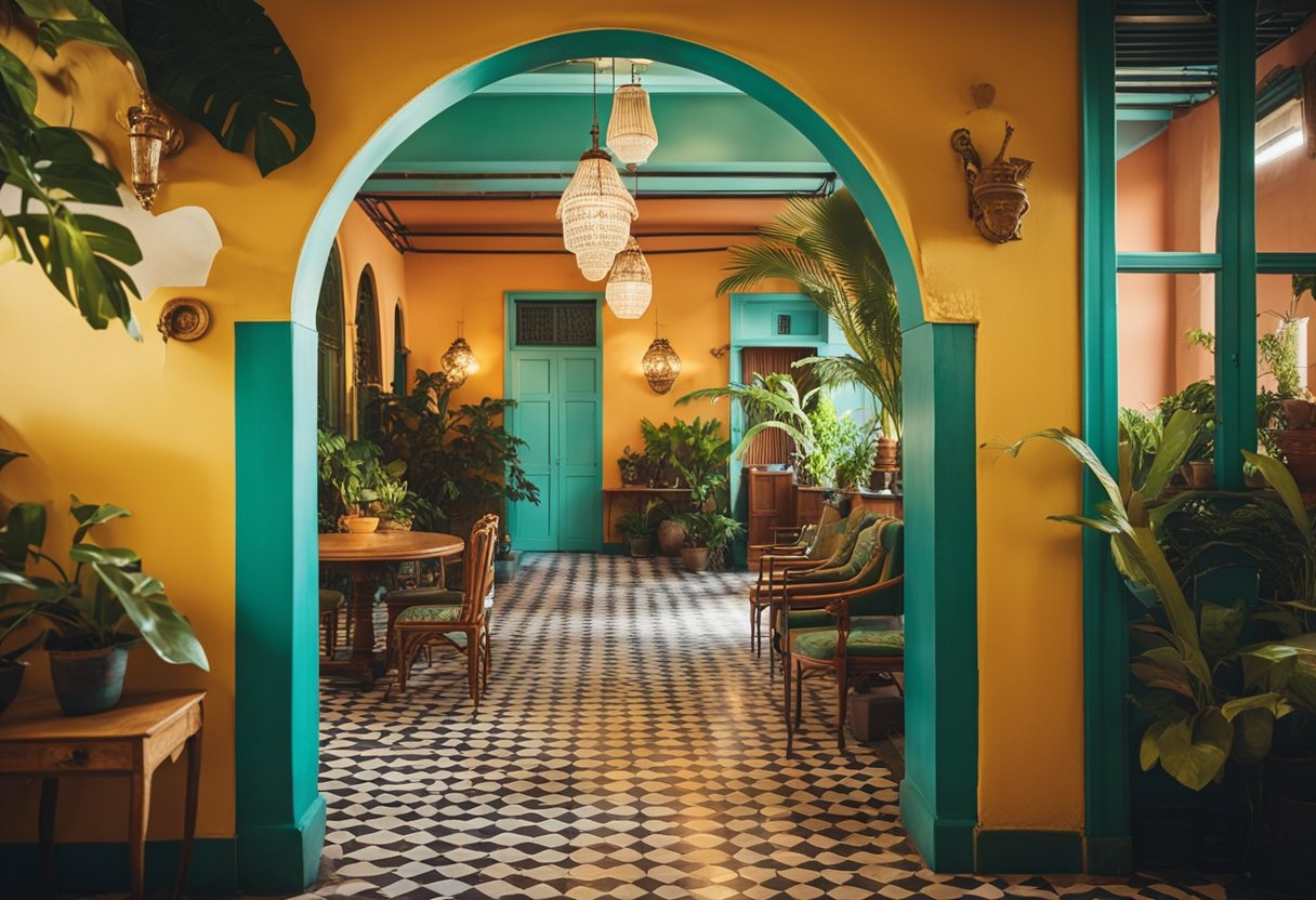 A colorful Cuban-style interior with vibrant patterns, tropical plants, and vintage furniture. Brightly painted walls, tiled floors, and ornate light fixtures complete the lively atmosphere