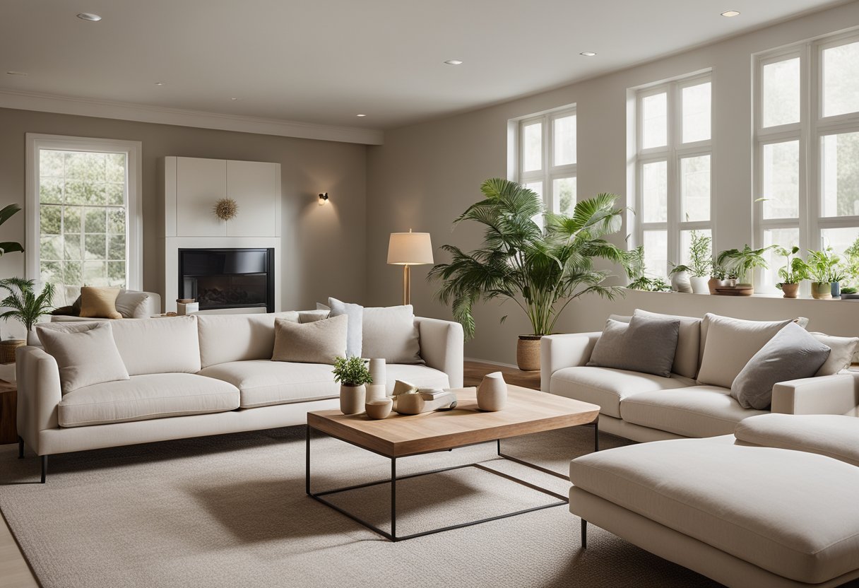A serene living room with clean lines, neutral colors, and natural materials. Sparse furniture, uncluttered surfaces, and soft lighting create a calm and peaceful atmosphere