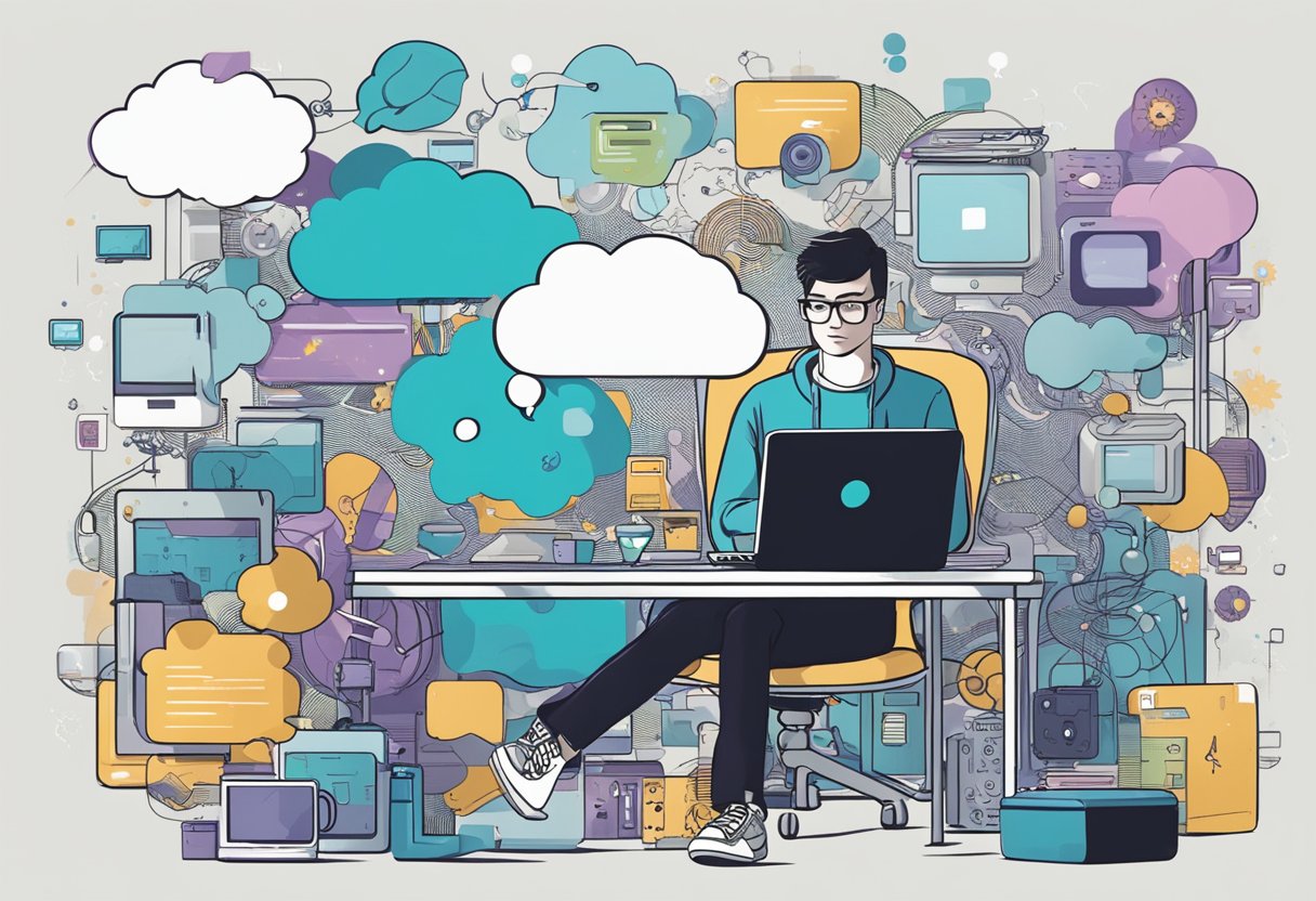 A person sitting at a computer, surrounded by tech gadgets, with a thought bubble filled with distorted thinking patterns