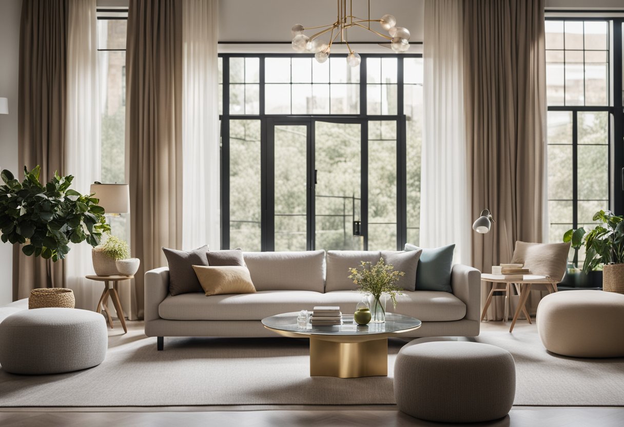 A modern living room with a neutral color palette, sleek furniture, and pops of color in the form of throw pillows and artwork. Natural light streams in through large windows, creating a warm and inviting atmosphere