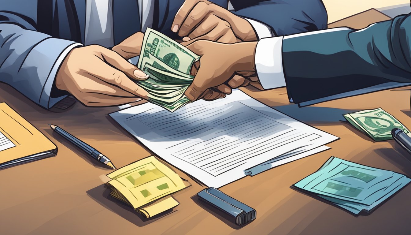 A person receiving money from a private lender, shaking hands and signing a contract
