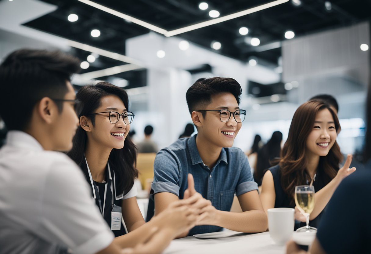 Interior design students in Singapore network at industry events, showcasing portfolios and discussing career opportunities. They engage with professionals and gain insights into the field